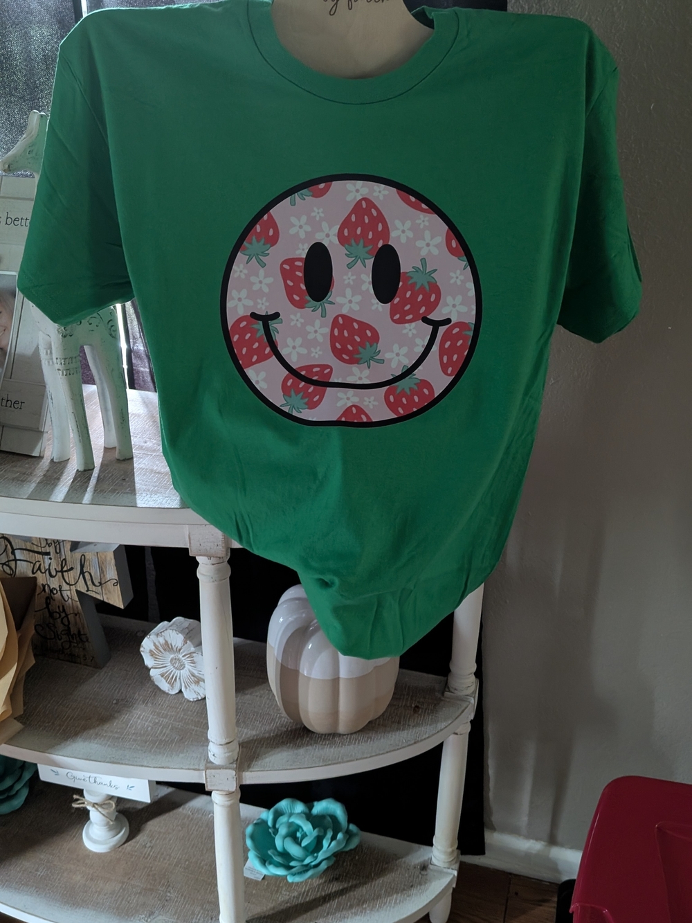Gildan Green Tee with Strawberry Smiley Graphic
